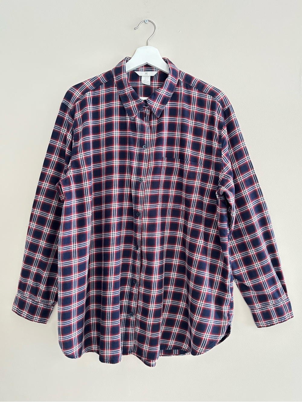 H&M Plaid Long-Sleeve Button-Down Shirt Women’s 14 Red/White/Navy 100% Cotton PO